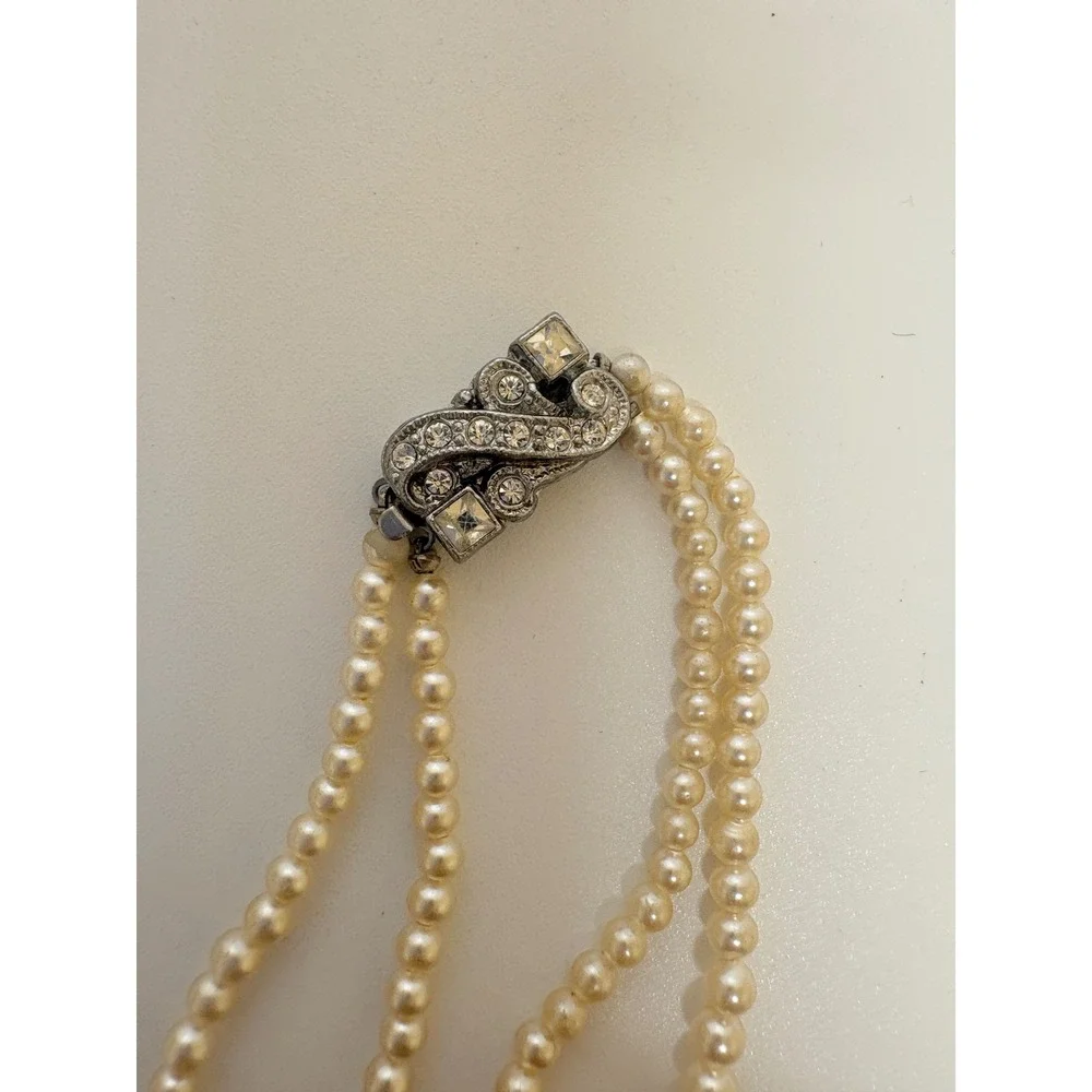 Vintage Double Strand Faux Pearl Necklace Art Deco Rhinestone Clasp Cream 16